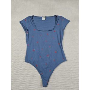 Victorias Secret Pink Bodysuit Womens Large Square Neck Cherrys Short Sleeve